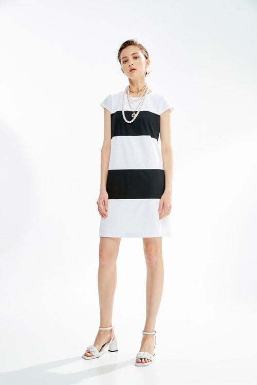 Black White Short Sleeves Shift Dress,White dresses