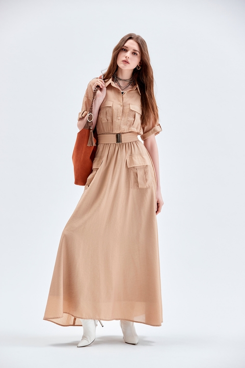 Short Sleeve Khaki Shirt Dress,Maxi dresses