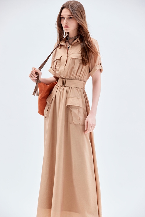 Short Sleeve Khaki Shirt Dress,Maxi dresses