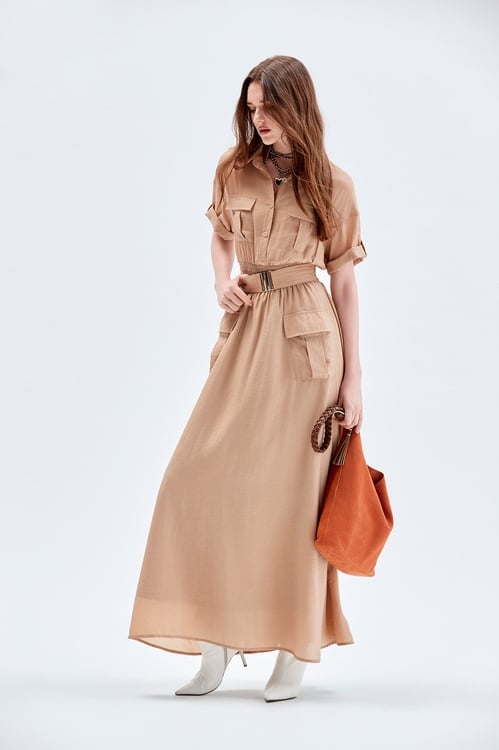 Short Sleeve Khaki Shirt Dress,Maxi dresses