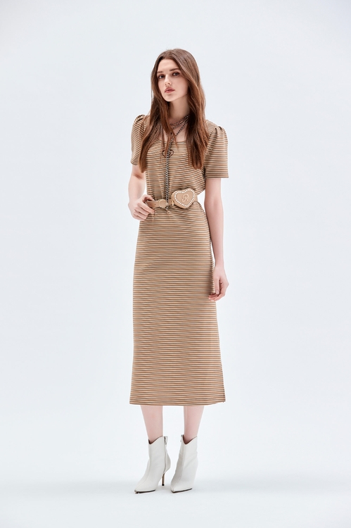 Brown Stripe Short Sleeve Dress,Stripe