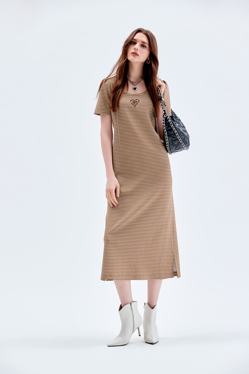 Brown Stripe Short Sleeve Dress,Stripe