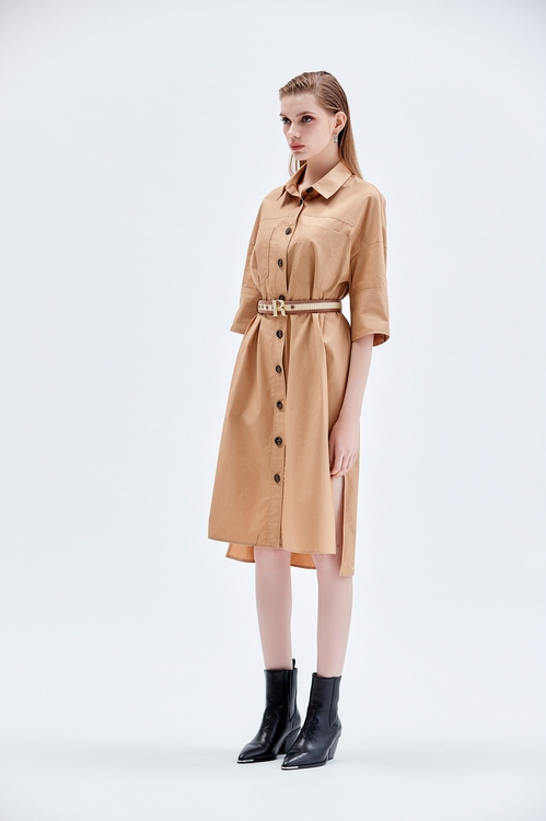 Button Front Side Slit Khaki Dress,dresses,Dresses