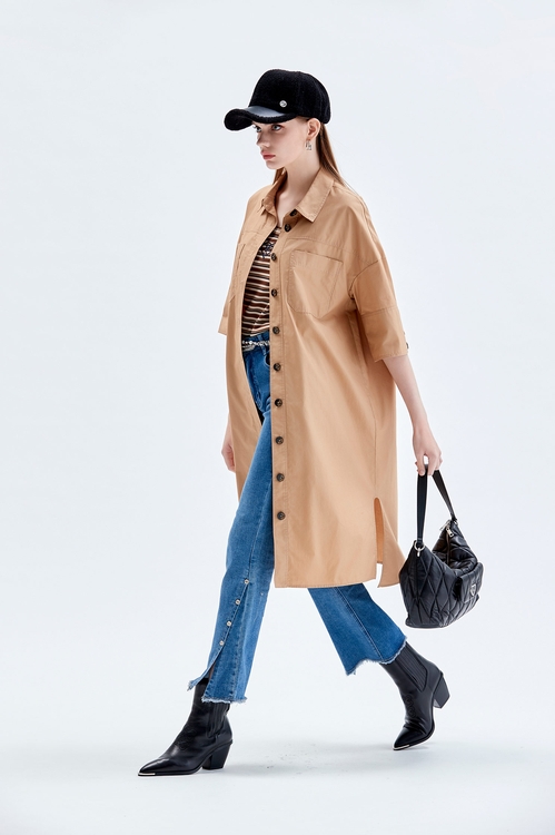 Button Front Side Slit Khaki Dress,Shirt dresses