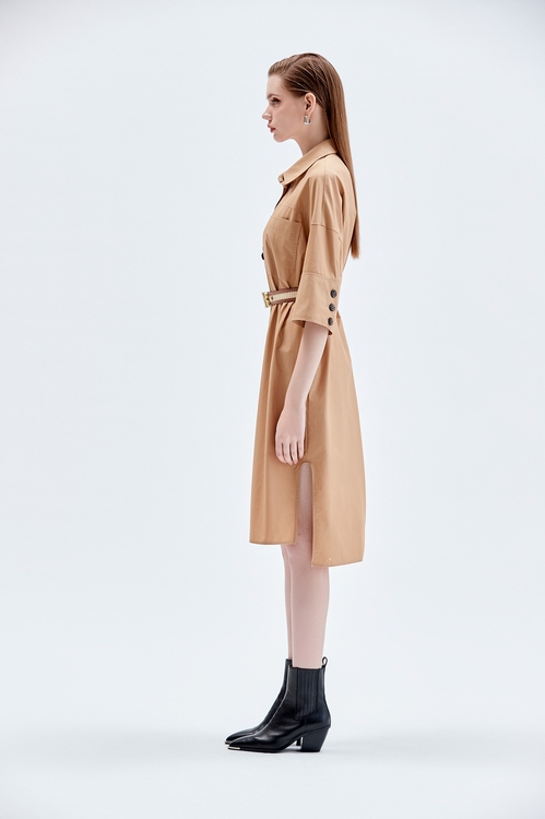 Button Front Side Slit Khaki Dress,dresses,Dresses