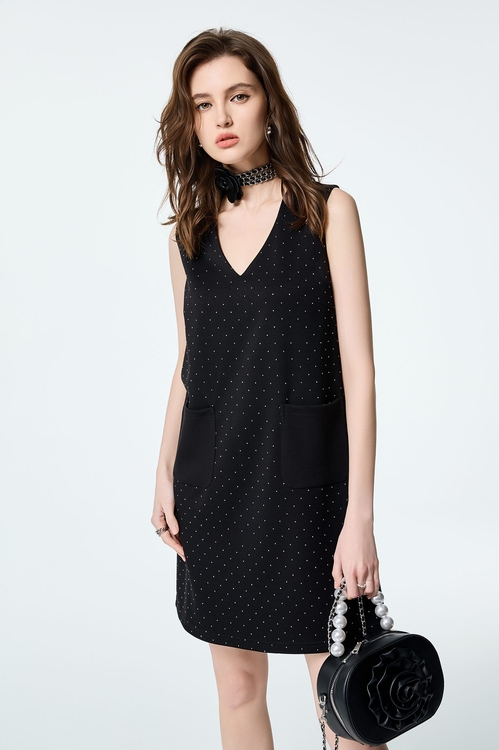 Iron On Sequin V-neck Short Dress,Black dresses