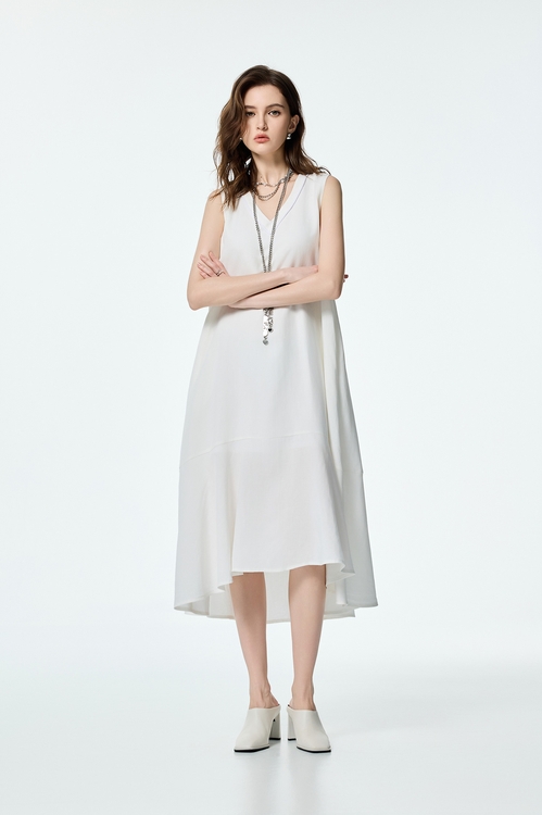 V-neck Loose Fit Linen Dress,White dresses