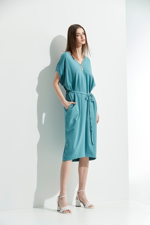 Kimono Sleeve Tie Waist Dress,V-Neck T shirts