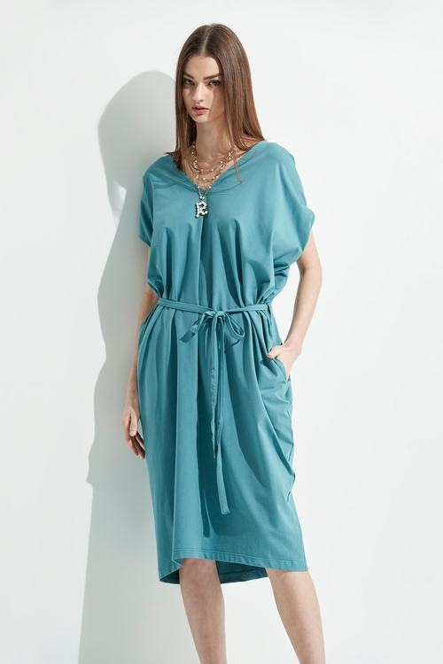 Kimono Sleeve Tie Waist Dress,V-Neck T shirts