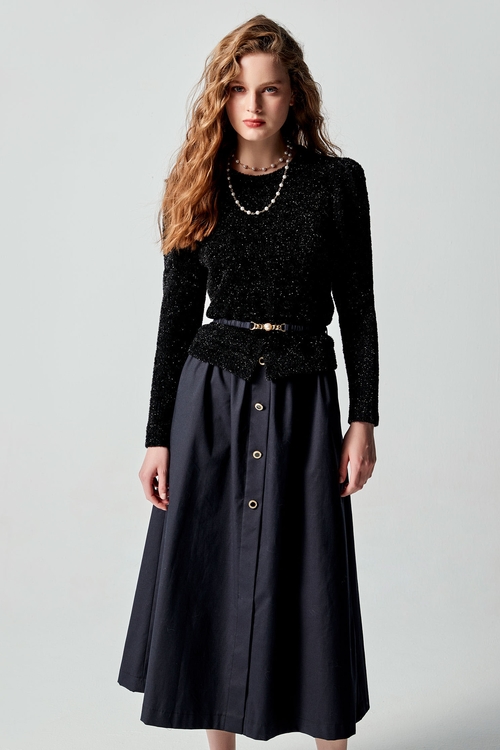 Puff Sleeve Matellic Fiber Knit Dress,Belts,Belts