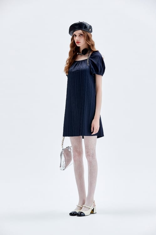 Puff Sleeve Navy Shift Dress,dresses,Dresses