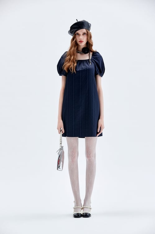 Puff Sleeve Navy Shift Dress,dresses,Dresses