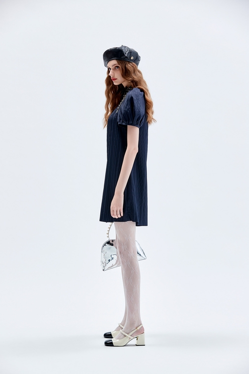 Puff Sleeve Navy Shift Dress,dresses,Dresses