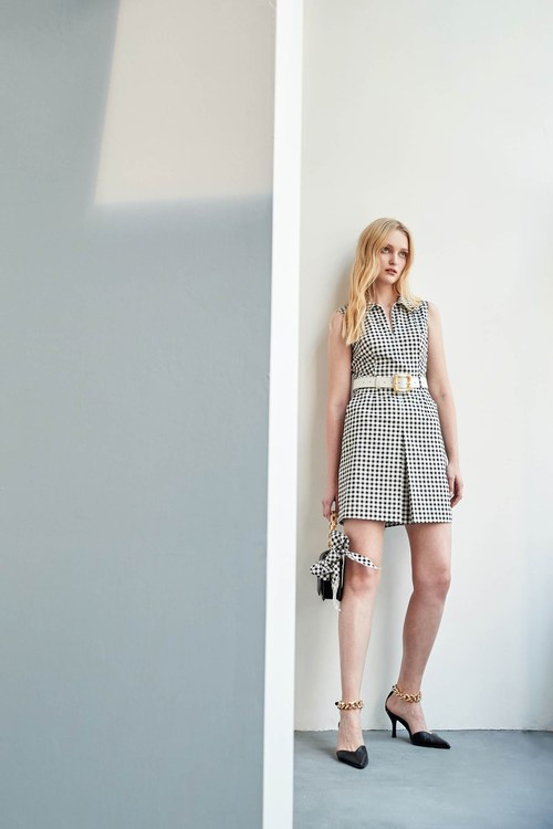 Black White Plaid Collared Short Dress,Printed dresses