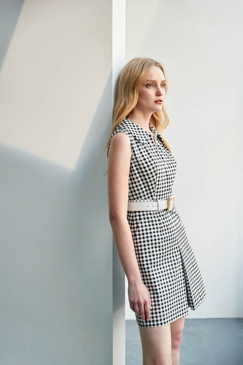 Black White Plaid Collared Short Dress,Printed dresses