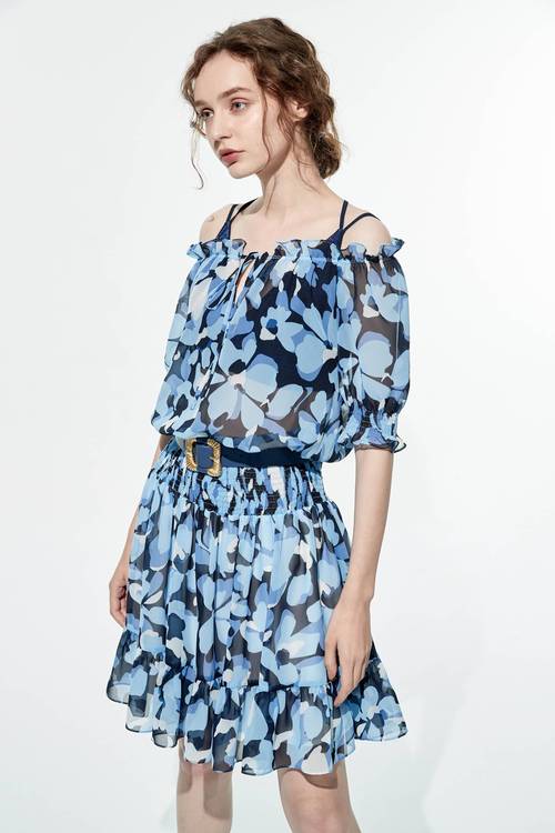 Blue Floral Print Elastc Rib Short Dress,mothergift