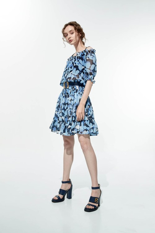 Blue Floral Print Elastc Rib Short Dress,Queen