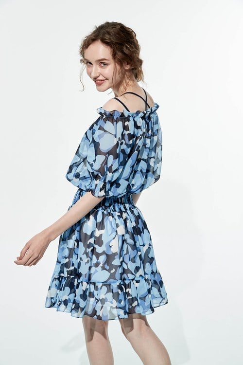 Blue Floral Print Elastc Rib Short Dress,mothergift