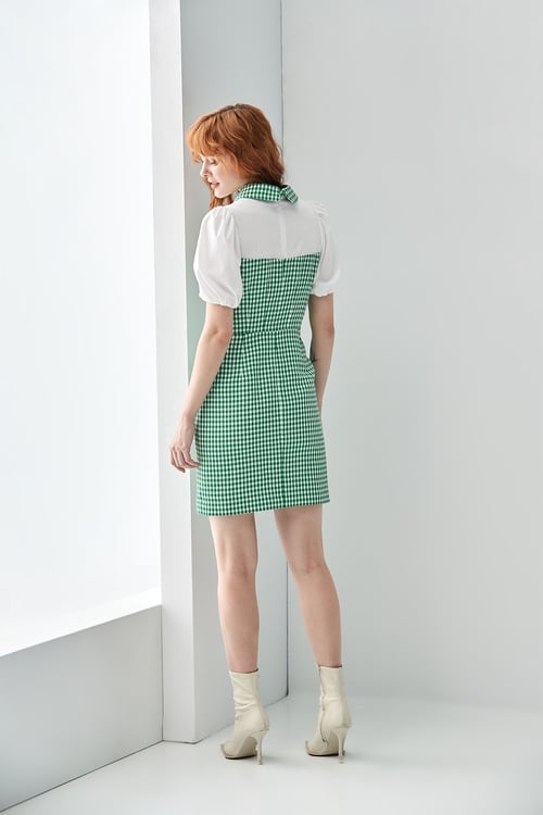 Green Plaid Splicing Dress,Queen