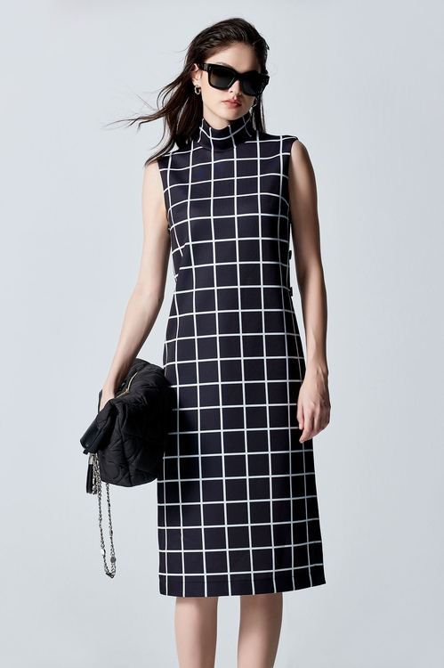 Turtleneck Checkered Dress With High Side Slits,Maxi dresses