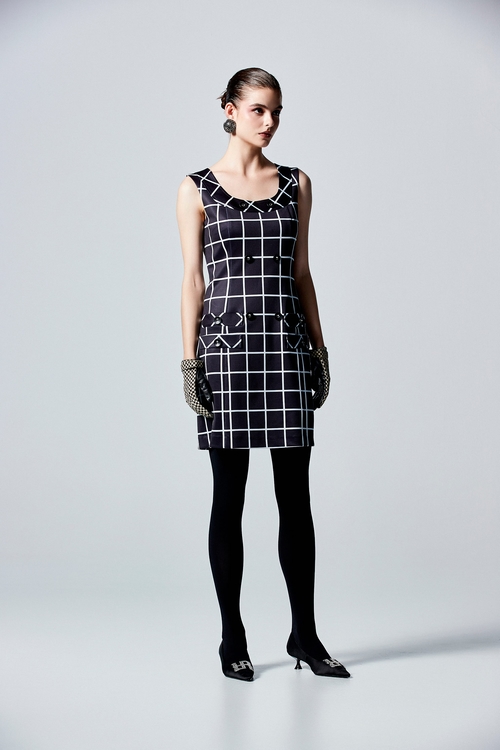 Sleeveless Checkered Short Dress,dresses,Dresses