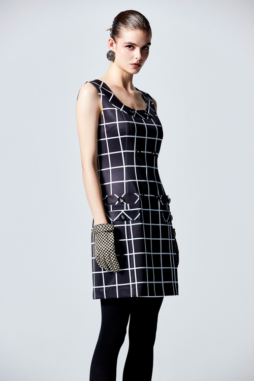 Sleeveless Checkered Short Dress,dresses,Dresses