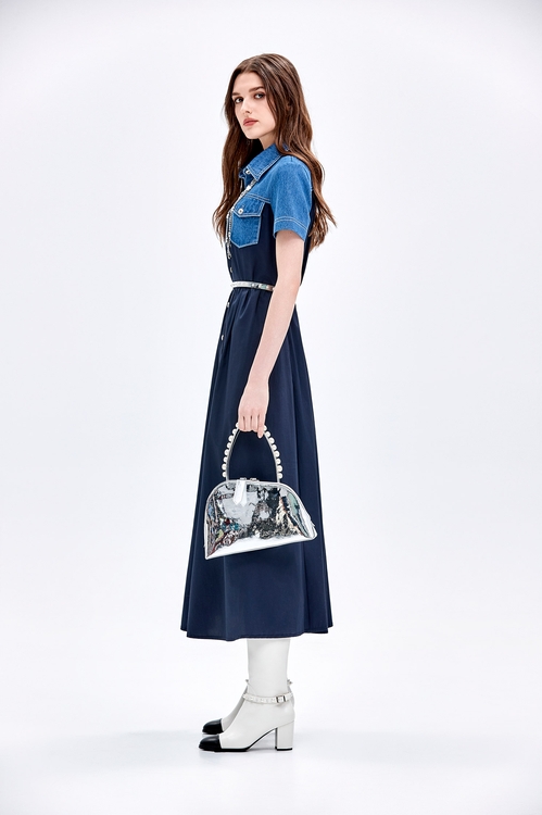 Contrast Denim Short Sleeve Maxi Dress,dresses,Dresses