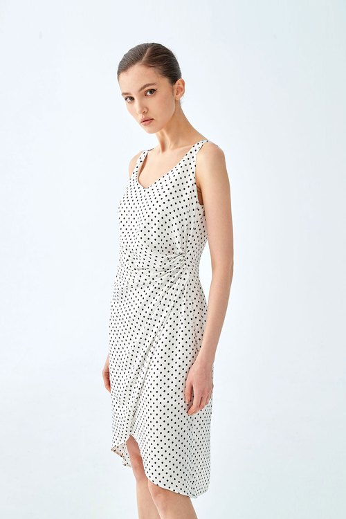 Polka Dot Sleeveless Side Wrap Dress,White dresses