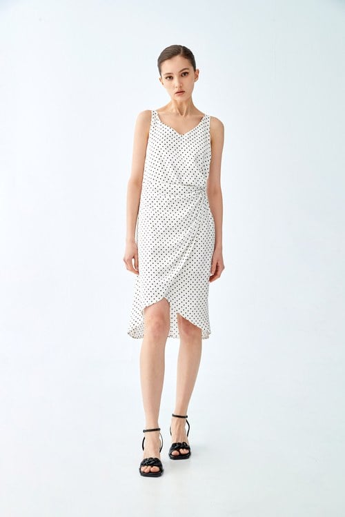 Polka Dot Sleeveless Side Wrap Dress,White dresses