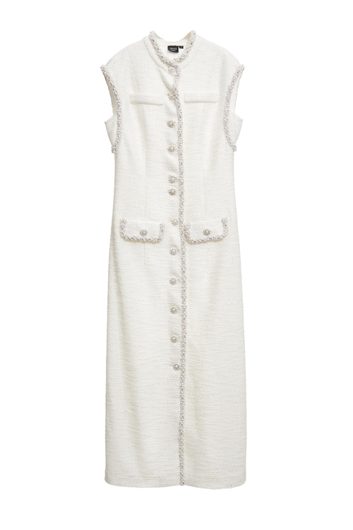 Off White Tweed Dress With Pearl Detail,White dresses