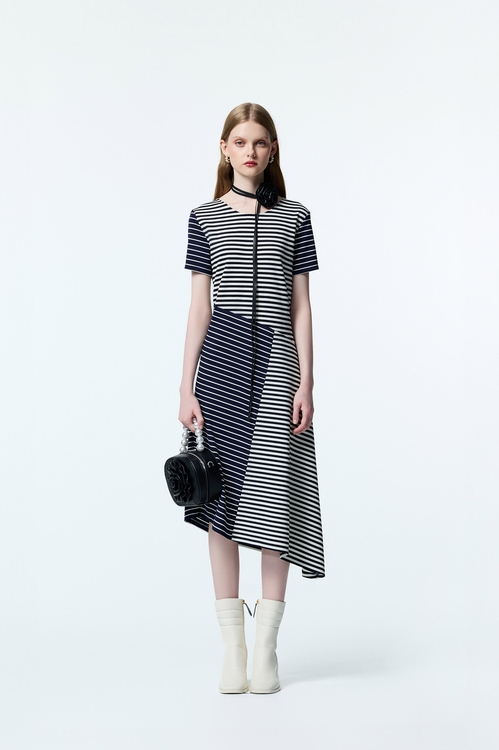 Asymmetric Patchwork Short Sleeve Dress,Stripe