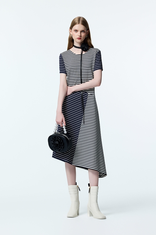 Asymmetric Patchwork Short Sleeve Dress,Stripe