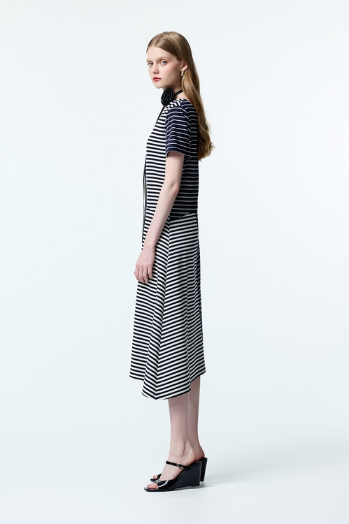 Asymmetric Patchwork Short Sleeve Dress,Stripe