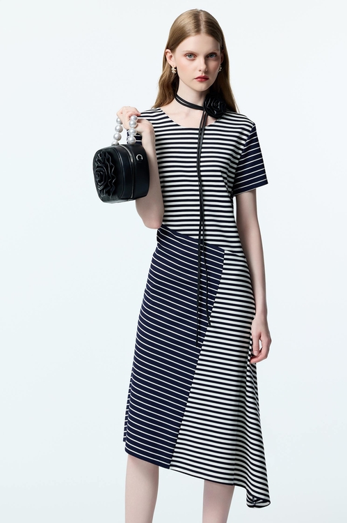 Asymmetric Patchwork Short Sleeve Dress,Stripe