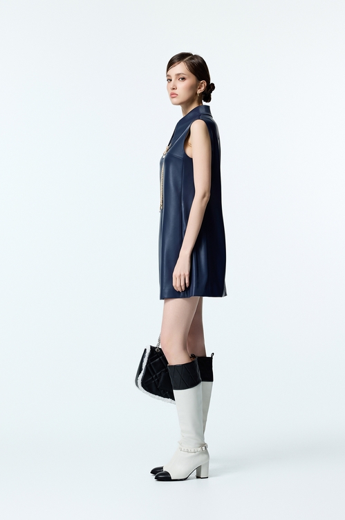 Sleeveless PU Navy Dress,Leather,Leather