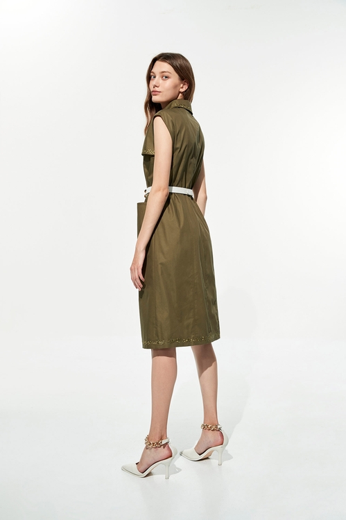 Button Front Shirt Dress With Embroidery Detail,Belts,Belts