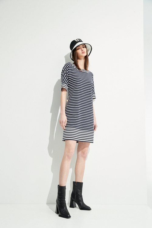 Short Sleeve Navy Stripe Dress,Stripe