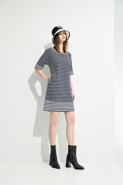 Short Sleeve Navy Stripe Dress,Stripe