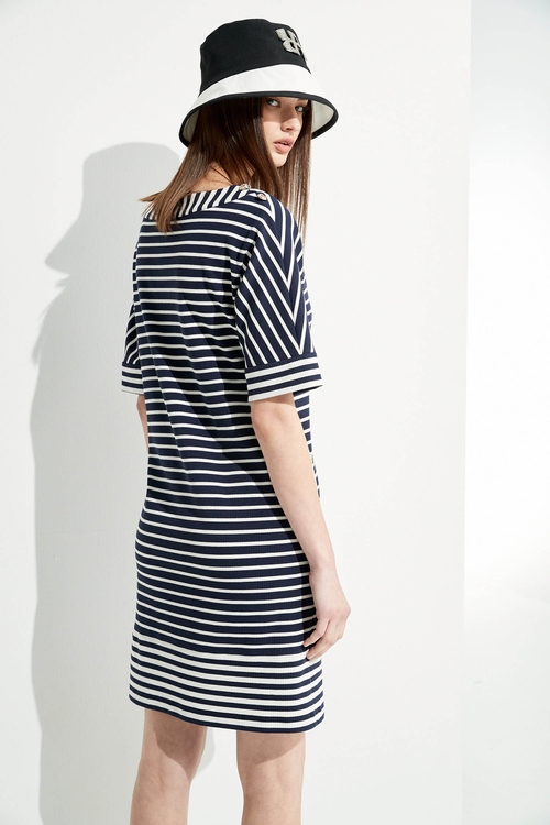 Short Sleeve Navy Stripe Dress,Stripe