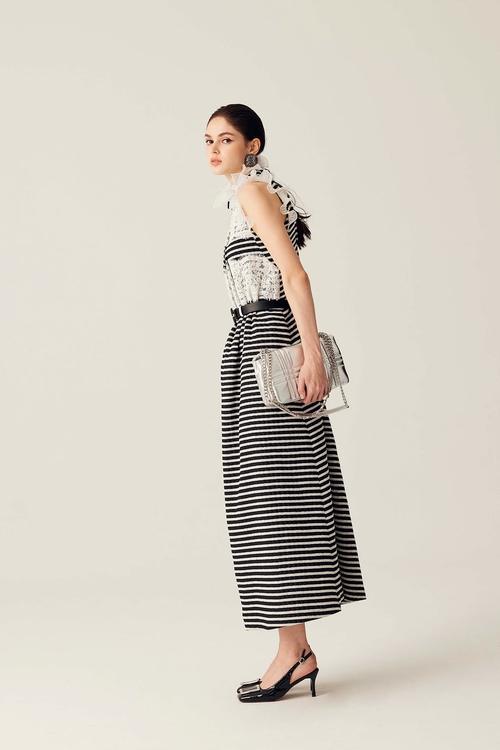 Sleeveless Black White Stripe Lace Dress,Maxi dresses