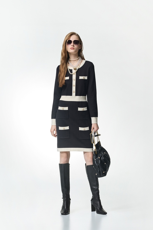 Long Sleeve Contrast Trim Knit Dress,Knitted dresses,Knitted dresses
