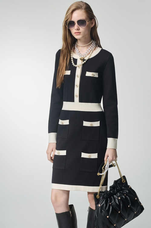 Long Sleeve Contrast Trim Knit Dress,Knitted dresses,Knitted dresses