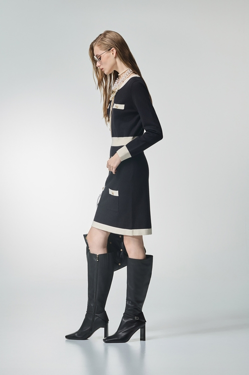 Long Sleeve Contrast Trim Knit Dress,Knitted dresses,Knitted dresses