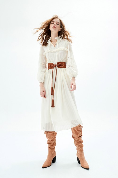 Long Sleeve Cream Dress With Ruffle Trim Detail,Shirt dresses