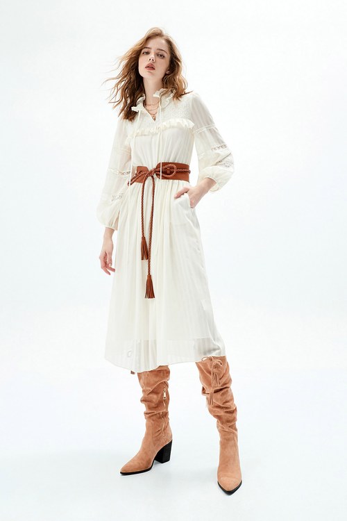 Long Sleeve Cream Dress With Ruffle Trim Detail,Shirt dresses