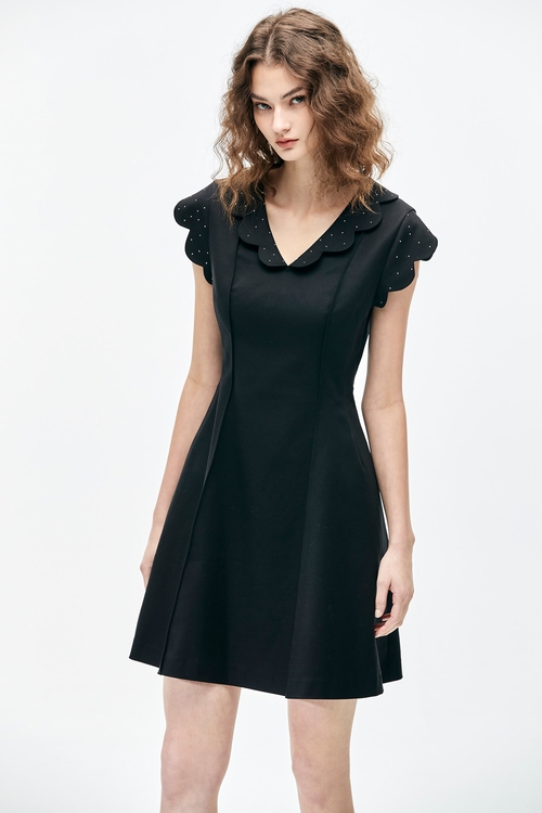 Black Scallop Sleeve A-Line Dress,,Lustrous short dress,Dresses,Season (AW) Look,Valentine,Dresses,Embroidered,Embroiderd dresses,Plaid,dotcollection,pearl,Season (AW) Look,Lace,Office Looks,Embroidered,Shirt dresses,Season (AW) Look,bows,upperclass,Dresses,Season (SS) Look