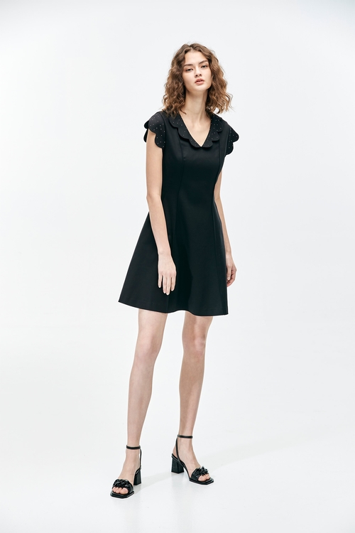 Black Scallop Sleeve A-Line Dress,,Lustrous short dress,Dresses,Season (AW) Look,Valentine,Dresses,Embroidered,Embroiderd dresses,Plaid,dotcollection,pearl,Season (AW) Look,Lace,Office Looks,Embroidered,Shirt dresses,Season (AW) Look,bows,upperclass,Dresses,Season (SS) Look