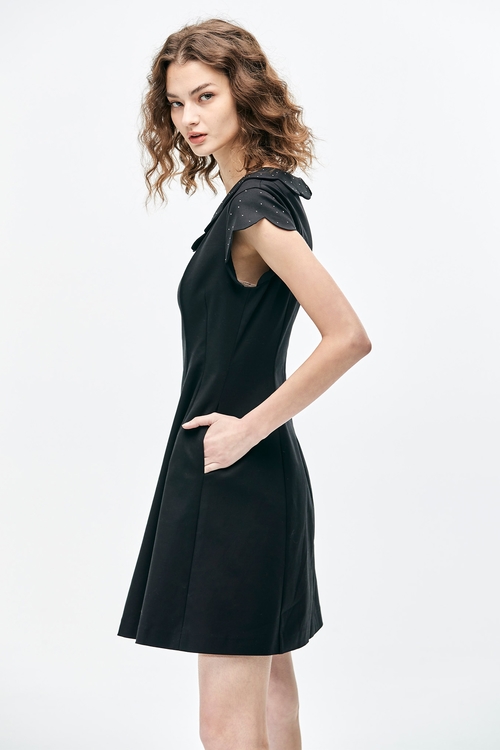 Black Scallop Sleeve A-Line Dress,,Lustrous short dress,Dresses,Season (AW) Look,Valentine,Dresses,Embroidered,Embroiderd dresses,Plaid,dotcollection,pearl,Season (AW) Look,Lace,Office Looks,Embroidered,Shirt dresses,Season (AW) Look,bows,upperclass,Dresses,Season (SS) Look