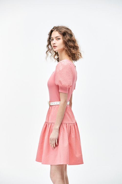 Pink Puff Sleeve Short Dress,Knitted dresses,Knitted dresses