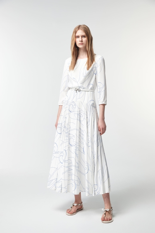 Contrast Pattern Printed Pleated Dress,Long sleeve dresses